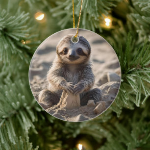 Baby Sloth Building Sand Castles, Ceramic Tree Decoration