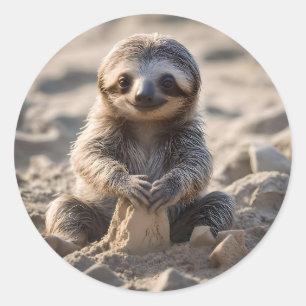 Baby Sloth Building Sand Castles, Classic Round Sticker