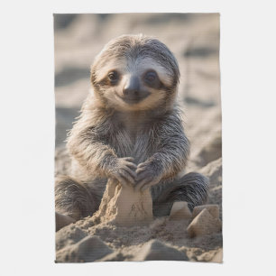 Baby Sloth Building Sand Castles, Tea Towel