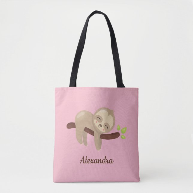 Baby Sloth on Branch Cute Animal Illustration Pink Tote Bag (Front)