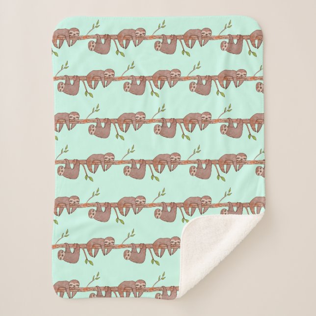 Baby Sloths hanging on Tree Pattern Sherpa Blanket (Front)