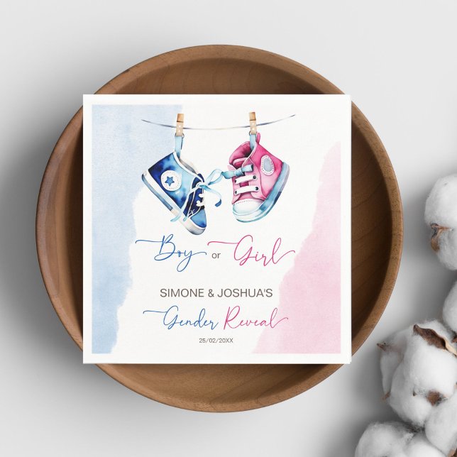 Baby sneakers boy or girl pink blue gender reveal  napkin (Baby sneakers boy or girl pink blue gender reveal party tableware personalized template napkins)