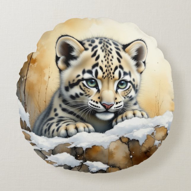 Baby Snow Leopard Round Cushion (Front)