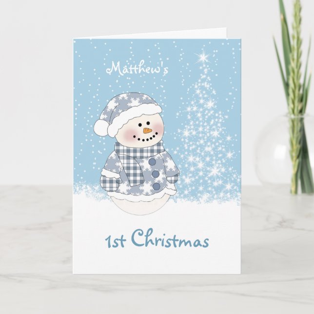 Baby snowman, tree with snow 1st Christmas Holiday Card (Front)