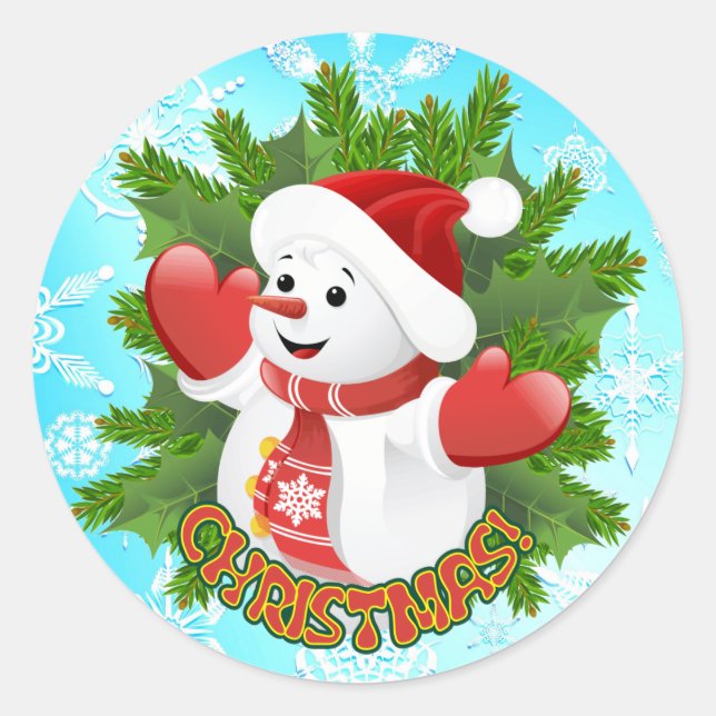 Baby Snowman with Crystal Snowflakes Ornament Classic Round Sticker (Front)
