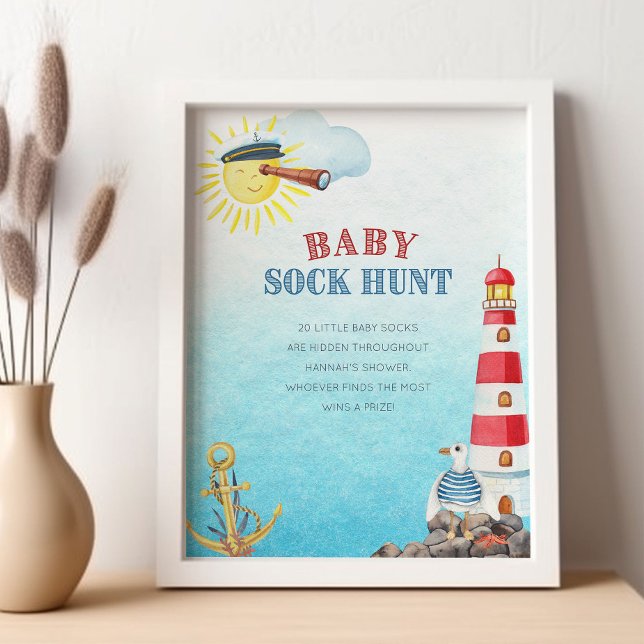 Baby Sock Hunt Cute Nautical Baby Shower Game Poster (Baby Sock Hunt Sign - printed or digital - from my Ahoy it's a boy Nautical Baby Shower collection)