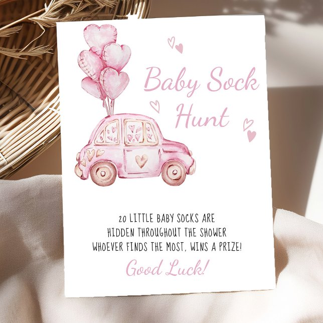 Baby Sock Hunt Pink Car Balloons Baby Shower Game Poster (Baby Sock Hunt baby shower game poster - available printed or digital - by Darling & May)