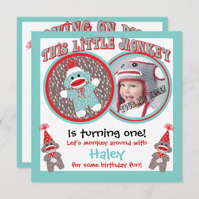Baby Sock Monkey Birthday Party Invitations (Front/Back)
