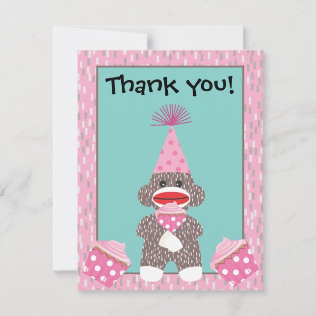 Baby Sock Monkey Cupcake Thank You Note Invitation (Front)