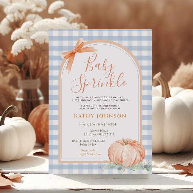 Baby Sprinkle Blue Gingham Pumpkin Baby Shower Invitation (Creator Uploaded)