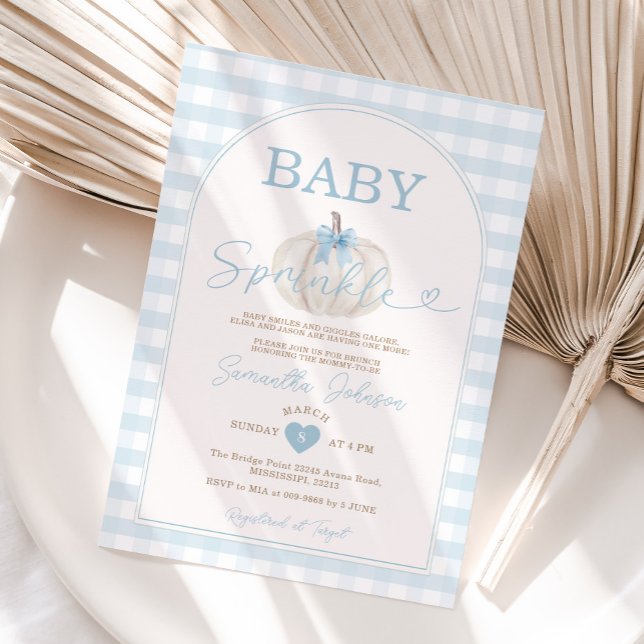 Baby Sprinkle Blue Gingham White Pumpkin Invitation (Creator Uploaded)