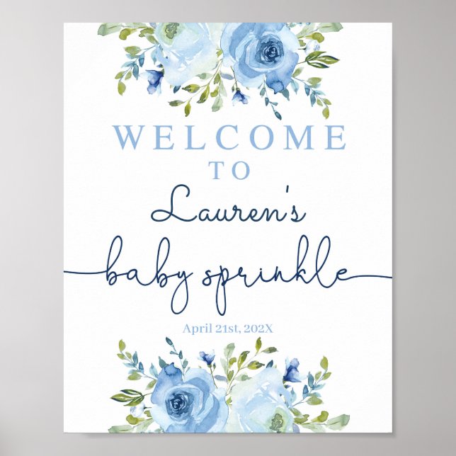 Baby Sprinkle boy welcome sign, floral blue Poster (Front)