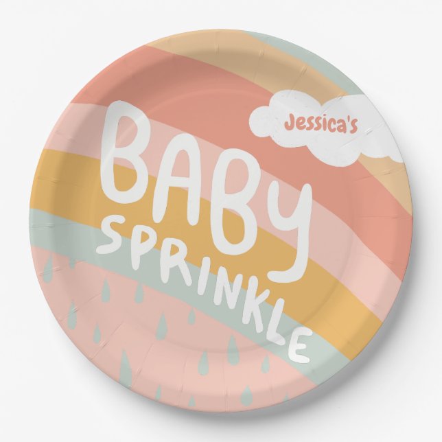 BABY SPRINKLE Cute Clouds Rainbow Rain Pink Custom Paper Plate (Front)
