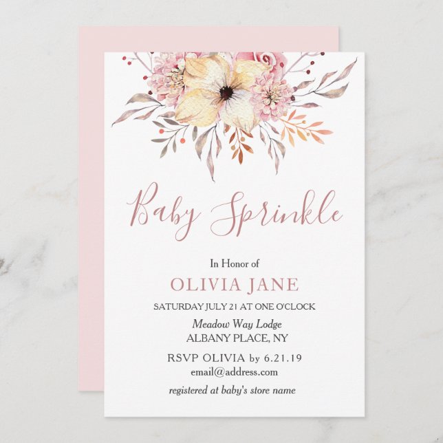 Baby Sprinkle Floral Baby Shower Invitation Pink (Front/Back)