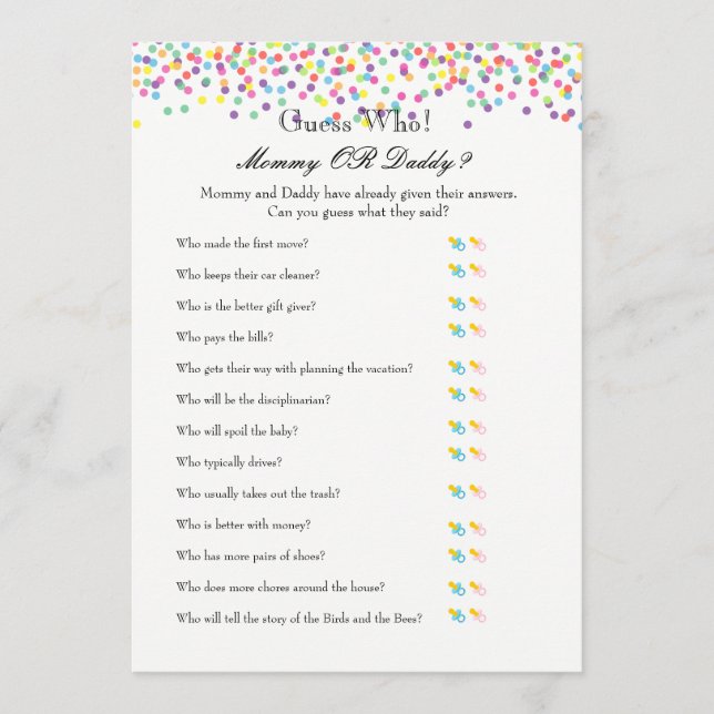 Baby Sprinkle Game - Wishes for Baby and Guess Who Advice Card (Front)