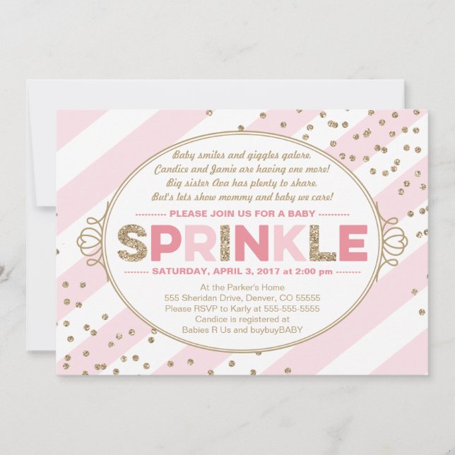 baby sprinkle invitation girl gold pink stripes (Front)