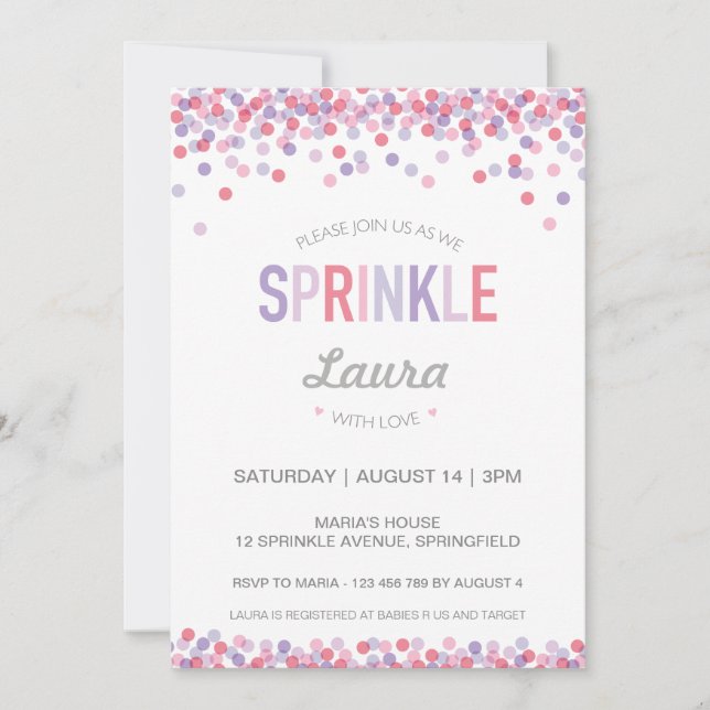 Baby Sprinkle Invitation, Pink and Purple Invitation (Front)