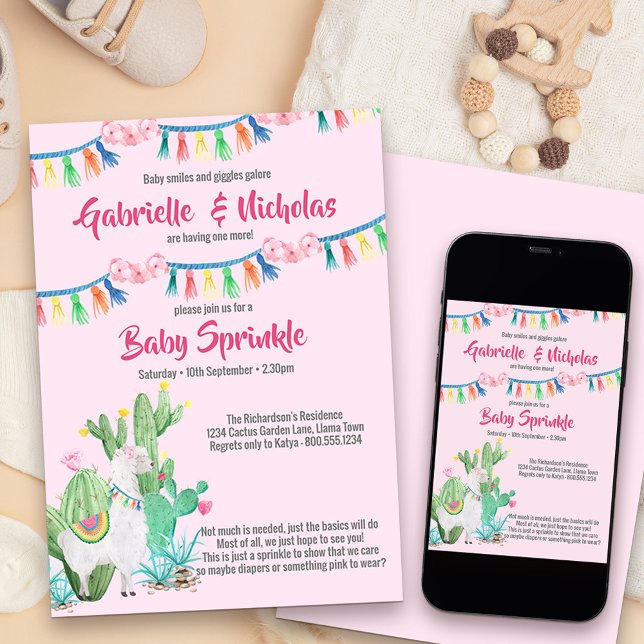 Baby Sprinkle Pink Llama Baby Shower Invitation (Cute llama and fiesta themed girls baby sprinkle invitation)