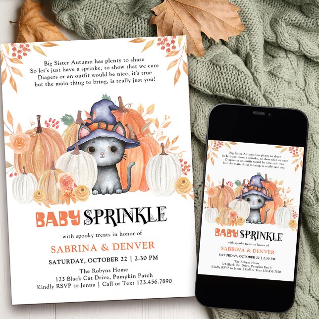 Baby Sprinkle Poem Cat in Witch Hat Baby Shower Invitation ( Cute baby sprinkle baby shower invtation with adorable black cat in a pumpkin patch)