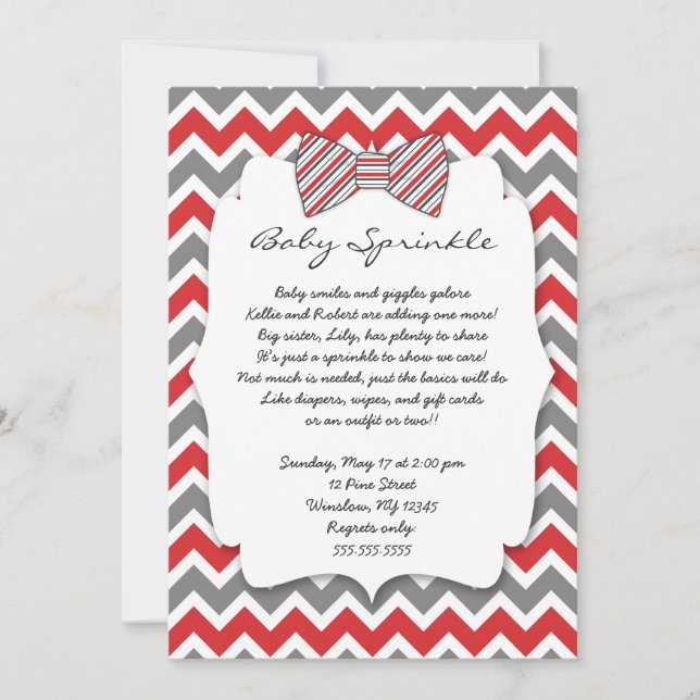 Baby Sprinkle red grey Bow tie baby shower Invitation (Front)