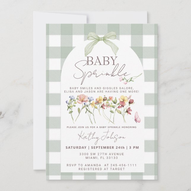 Baby Sprinkle Sage Green Gingham Invitation (Front)