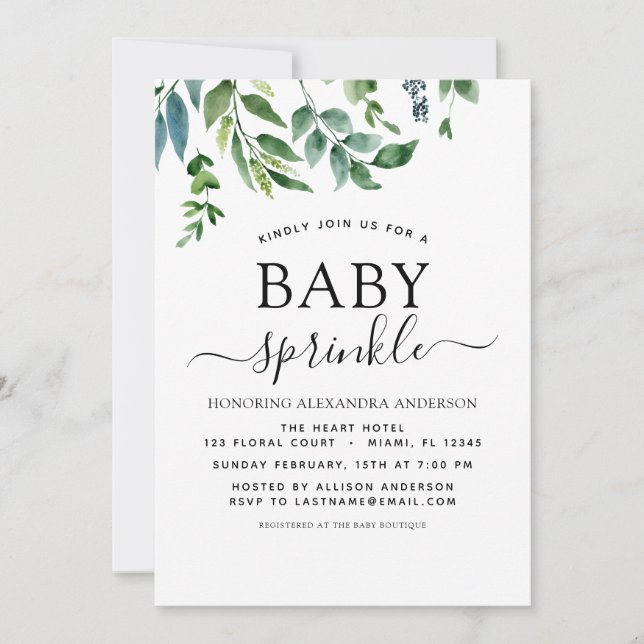 Baby Sprinkle Shower Greenery Botanical Invitation (Front)