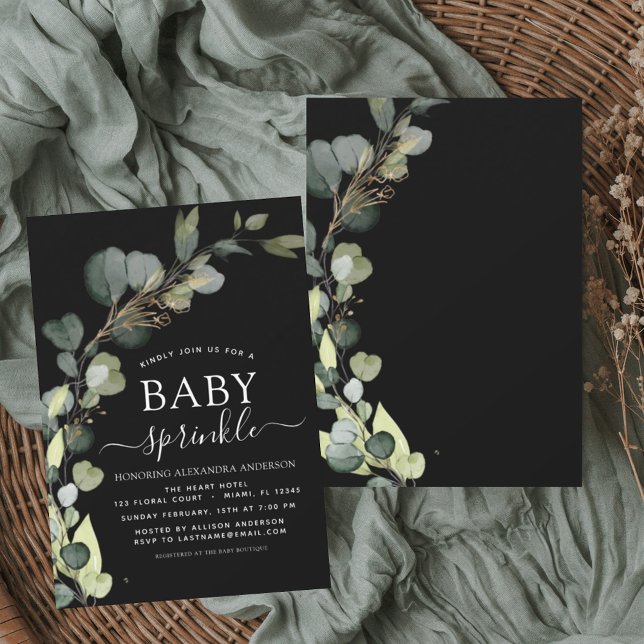 Baby Sprinkle Shower Greenery Eucalyptus Black Invitation (Creator Uploaded)