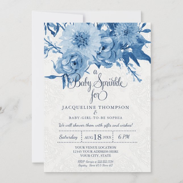 Baby Sprinkle Watercolor Navy Blue Chintz Floral Invitation (Front)