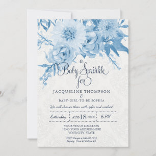 Baby Sprinkle Watercolor Navy Blue n White Floral Invitation
