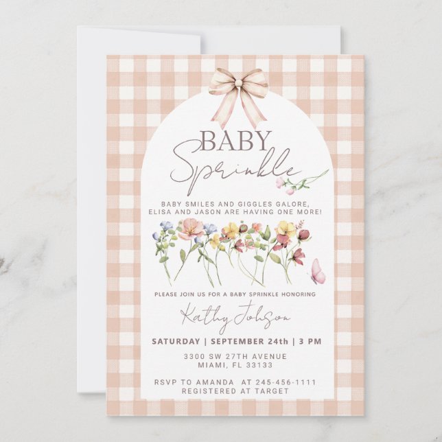 Baby Sprinkle Wildflower Neutral Gingham Invitation (Front)