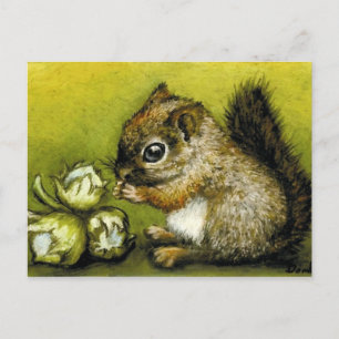 Baby squirrel and hazelnuts postcard