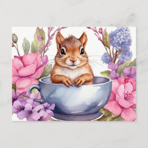 Baby Squirrel in the Teacup with Flowers Postcard