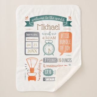 Baby Stats Birth Announcement Tan Teal Turquoise S Sherpa Blanket