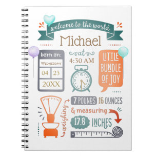 Baby Stats Birth Announcement Teal Blue, Orange Notebook