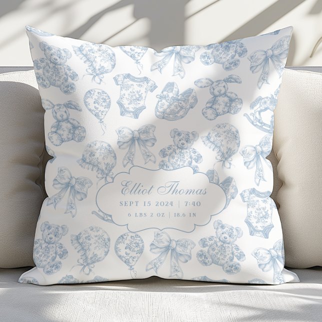 Baby Stats Blue Toile Nursery Cushion (Creator Uploaded)