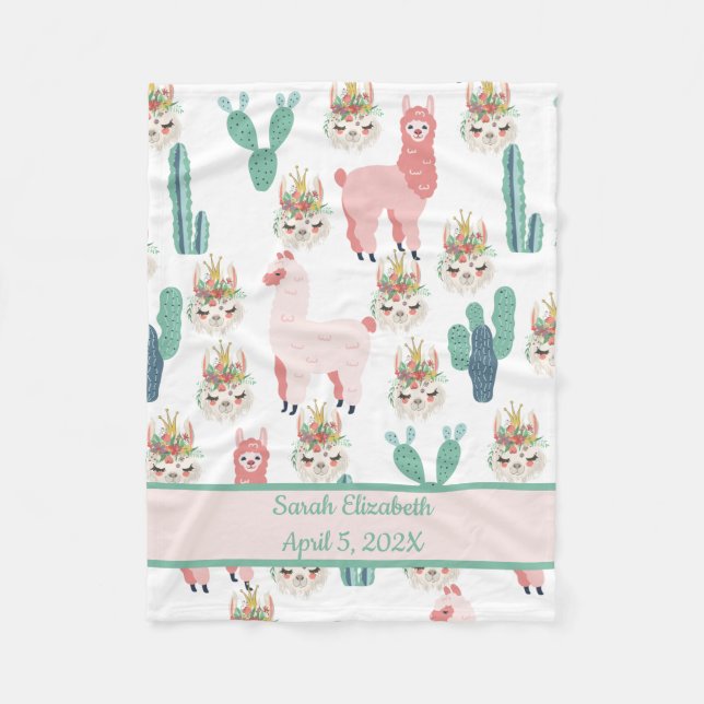 Baby Stats Cute Pink Llama's and Green Cactus Baby Fleece Blanket (Front)