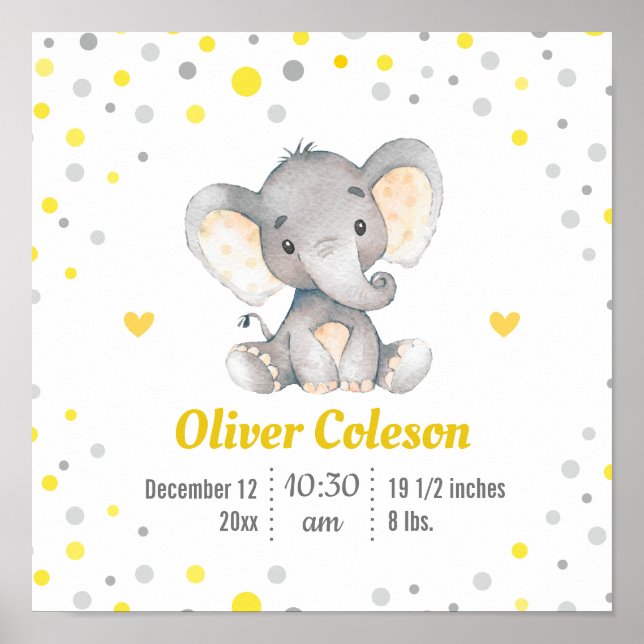Baby Stats Elephant Yellow Gray Polka Dot Nursery Poster (Front)