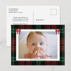 Baby Stats Red Bow Elegant Plaid Photo Christmas Holiday Postcard