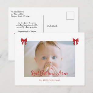 Baby Stats Red Bows Elegant Simple Photo Christmas Holiday Postcard