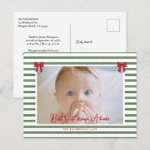 Baby Stats Red Bows Green Stripes Photo Christmas Holiday Postcard