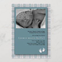 Baby Steps Birth Announcement - Baby Blue Plaid