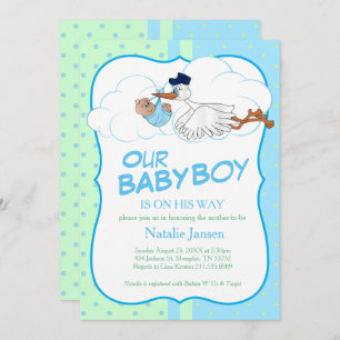 Baby Stork with a Cute Little Baby Boy Invitation
