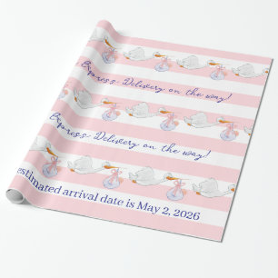 Baby Stork Wrapping Paper Pink & White Stripe 