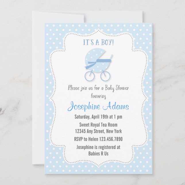 Baby Stroller Baby Shower Invitation Blue (Front)
