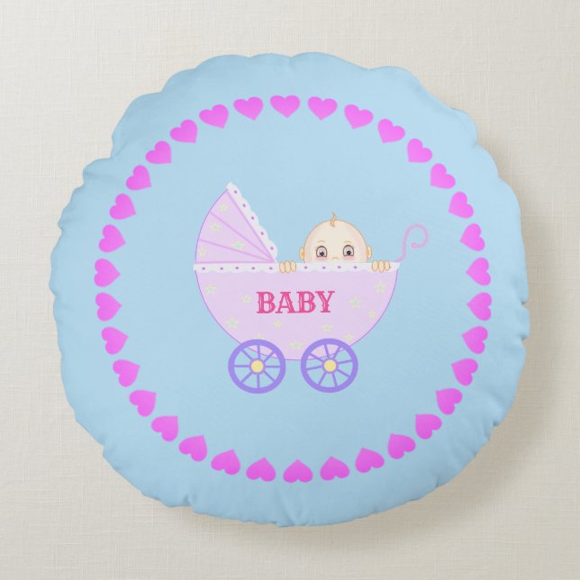 Baby Stroller & Hearts Round Cushion (Front)
