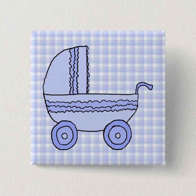 Baby Stroller. Light Blue on Check Pattern. 15 Cm Square Badge (Front)