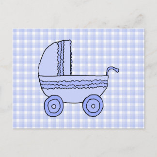 Baby Stroller. Light Blue on Check Pattern. Postcard
