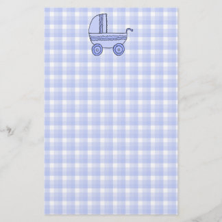 Baby Stroller. Light Blue on Check Pattern. Stationery