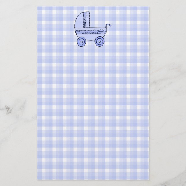 Baby Stroller. Light Blue on Check Pattern. Stationery (Front)