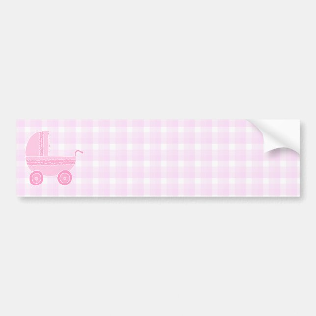Baby Stroller. Light Pink on Pink Gingham. Bumper Sticker (Front)